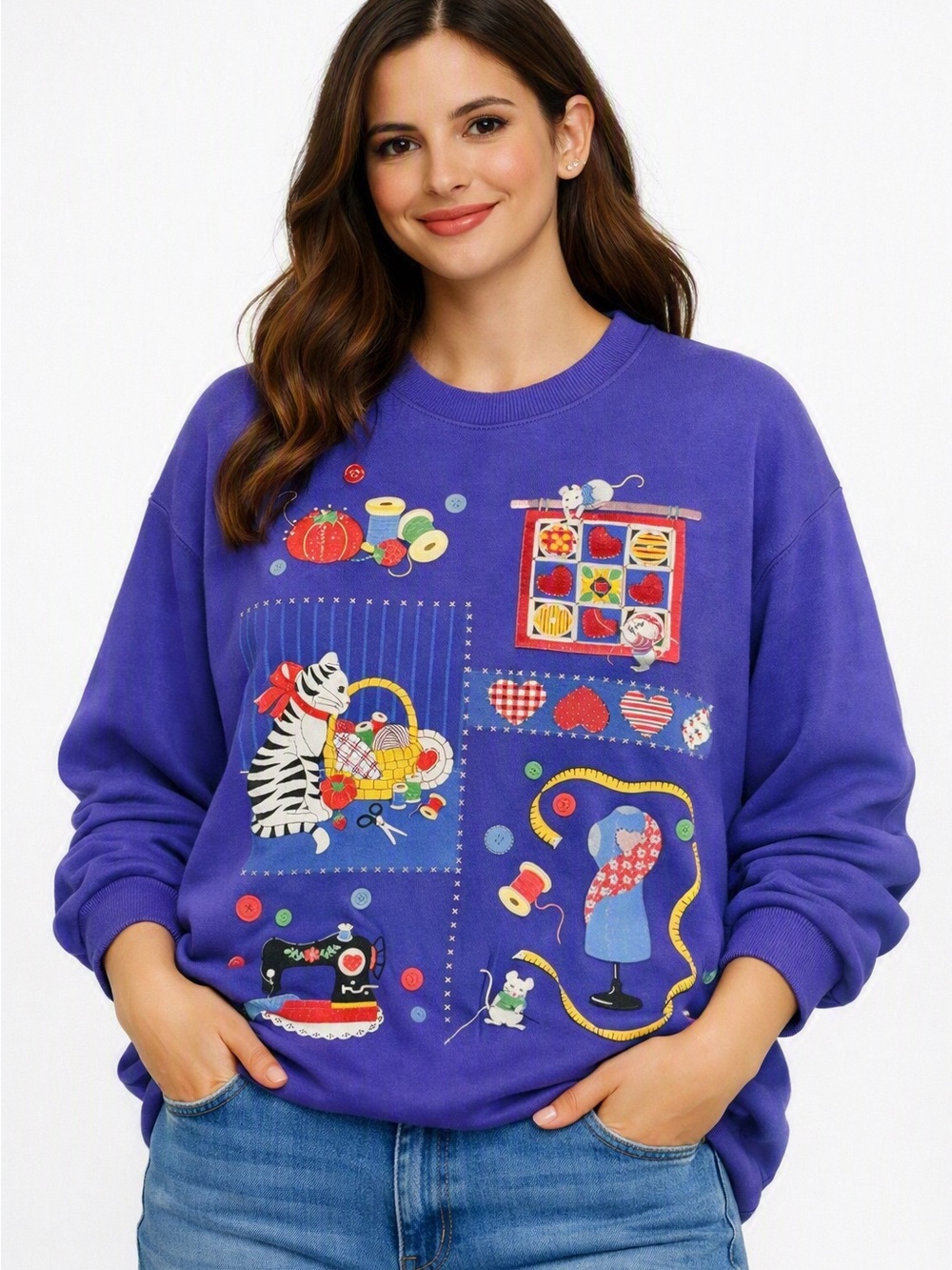 Purple Vintage Sewing Mice-Themed Graphic Sweatshirt- 1x
